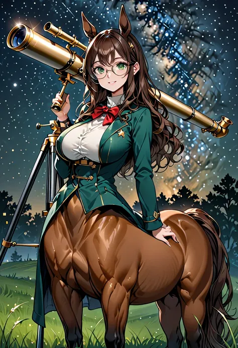 solo, female, sfw, medium shot, long wavy hair, brown hair, dark green eyes, centaur girl, huge woman, ((centaur)), brown horse ...