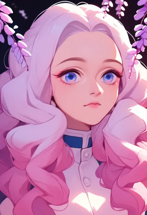 kimetsu no yaiba, girl, pretty, white-haired, pink wavy hair tips, blue eyes, pink shades in hanfu, wisteria.