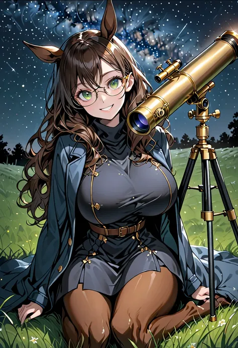 solo, female, sfw, close up:1.2, long wavy hair, brown hair, dark green eyes, centaur girl, huge woman, brown horse ears, huge breasts, scholar, modest clothes, night sky, wide smile, ((huge brass telescope on tripod)), starry sky, grassy field, night, coa...