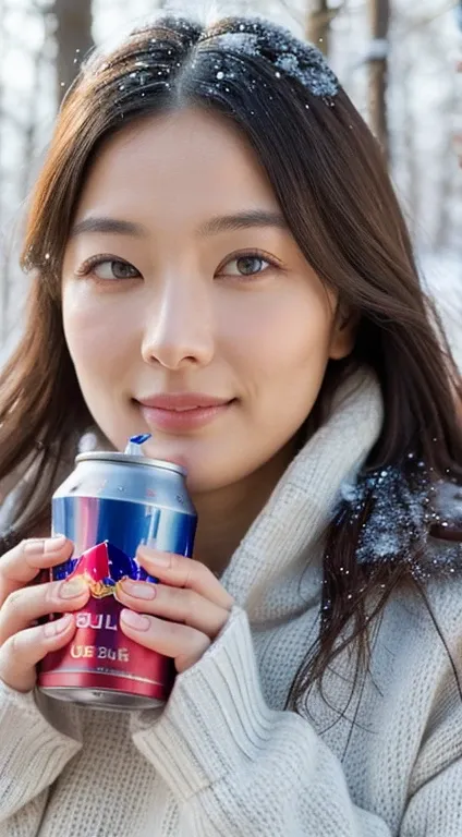 (masterpiece:1.35),(best-quality:1.4),8k,ultra-detailed,photography,(ultra-realistic:1.4),adult girl,long hair,sweater,snowing background,holding energy drink,Redbull brand,beautiful detailed eyes,beautiful detailed lips,extremely detailed face and eyes,lo...