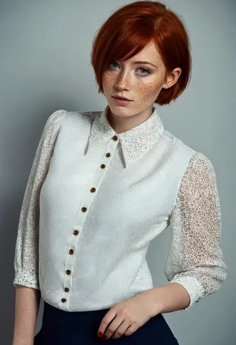 girl , red-haired , freckles , shy short hair , very large breasts , wears a blouse, blouse buttoned up to the top, visible butt...