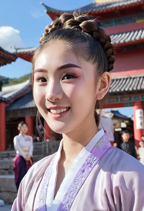 k-pop-idee: 1.2, mix4, 1 korean girl, 14years old, (light eyebrows: 1.4), shiny brown eyes, bun head, two braids tied, old town,...