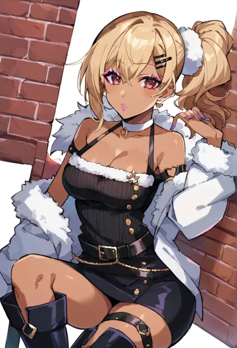 Score_9, score_8_up, score_7_up, score_6_up,  gyaru, source_anime, 1girl, solo, white background,  brick wall backdrop, upper body, looking at viewer, BREAK, earrings, BREAK, thin pink lips, tanned skin, pink makeup,  ribbed sweater, fur trim, bare shoulde...