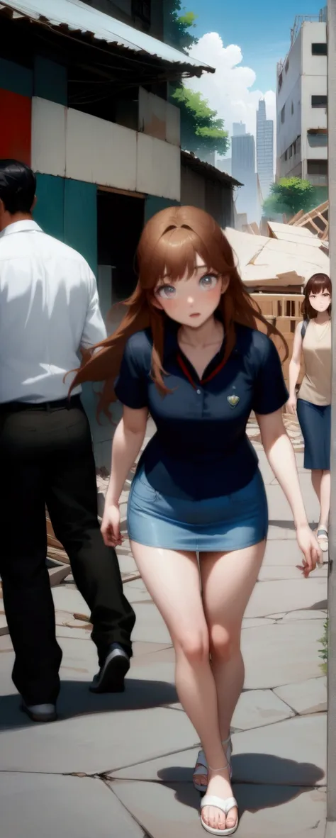 realistic anime of pretty young office woman is walking along alley at noon, construction site, (brown long mullet hair without bangs girl), (wearing black polo shirt, card holder with red lanyard, blue-gray denim pencil micro skirt and white sandals), (1g...