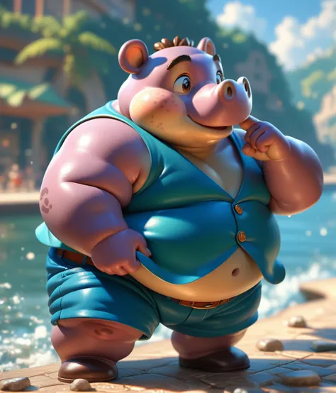 (cute, fat, obese, anthro, male, (((hippo cub)))), full body, nude, (((blue shorts))), (((open blue vest))), curious, dynamic pose, shore river, highly detailed, intricate details, best quality, masterpiece, depth of field, sunlight, detailxl, zPDXL2  
