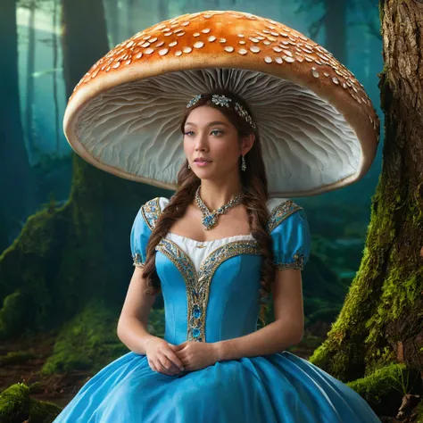 "magical encounter, young beautiful woman with beautiful, perfect, perfect blue eyes
 exploring, gigantic mushroom, ethereal butterflies, Misty Wonderland, enchanting details many giant mushroom heads, translucent, shining in neon, beautiful, wonderful, sh...