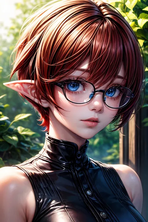 (masterpiece, best quality:1.4)(((headshot))) (((Masterpiece))), best quality, ultra-detailed CG unity 8k wallpaper (1girl:1.3) androgynous female (short red pixie cut hair:1.3) (blue eyes) (black glasses) elf ears,