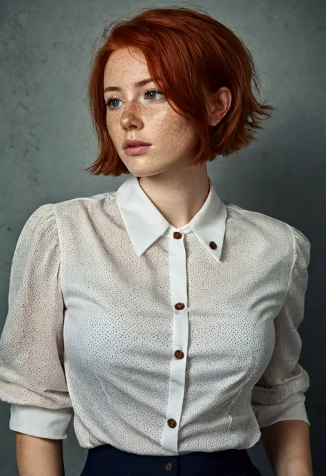 girl , red-haired , freckles , shy short hair , very large breasts , wears a blouse, blouse buttoned up to the top, visible butt...