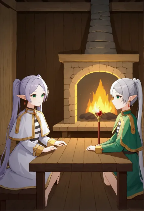 NSFW,masterpiece,Highest quality,High resolution,Very detailed,Frielen(葬送のFrielen),Pointed Ears, Green Eyes, Twin tails, staff, very long hair of white color,, Earrings,dress,Capelet,Hut,fireplace,table