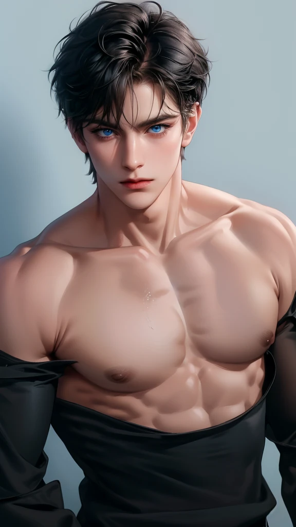 (masterpiece,best quality,ultra_detailed,highres,absurdres),1 mature male, 30-ish, (wide shoulder), ((no chest hair)), male focus, solo, short black Quiff hair with Soft Fringe (bangs part on side 3:7 ratio), simple background, blue eyes, upper body, short...