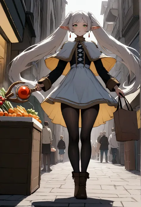 NSFW,masterpiece,Highest quality,High resolution,Very detailed,Frielen(葬送のFrielen),Pointed Ears, Green Eyes, Twin tails, staff, very long hair of white color,, Earrings,dress,Capelet,Black Pantyhose,boots,Shopping Street,street vendors,shopping