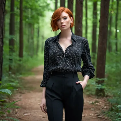 Girl , Red-Haired , freckles , shy short hair , very large breasts , wears a blouse, Blouse buttoned up to the top, visible buttons on the blouse, adult ,Sleeve style suit, whole body, fullbody, black trousers, black high heels, in forest