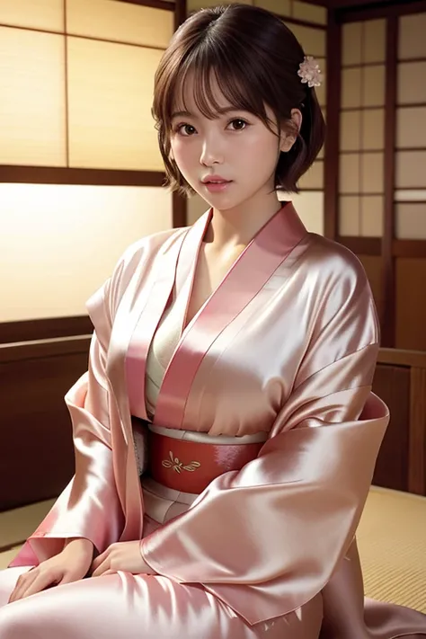 Highest quality, Face Focus, Soft Light, (Written boundary depth) ,Ultra-high resolution, (Realistic:1.4), RAW Photos, (from before) 1 Japanese girl, alone, cute, (Brown eyes), Beautiful face in every detail, (short_hair ), (Silk kimono:1.4) ,Big Breasts ,...