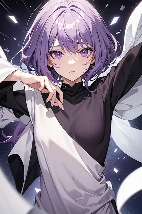 An anime girl with matte dark purple hair, LIGHT GRAY almost white eyes, a layered haircut that has bangs that cover his left eye completely, who has a mole above his lip and another mole below his eye. Who wears a short black top. (the background is a pur...