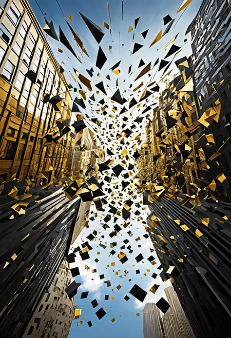 "Visualize an interpretation floating through the sky above a lively and dynamic street. Decompose the shape of the into geometric shapes and fragmented planes, To capture its movement and energy in a unique and abstract way. Incorporate black and gold col...