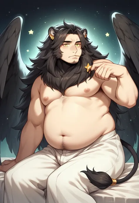 (masterpiece:1.2, best quality), 1youngman, solo, black long hair, yellow eyes, star shaped iris, ((chubby:1.2, stocky:1.1)), fair skin, elegant, soft esthetic, gentle eyes, drooping black fox ears, black wings on his back, long, lion tail. 