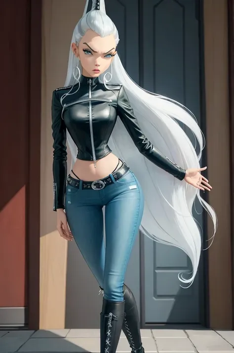 ​masterpiece, best quality, ultra-detail, illustration, 1 girl, icywinx, alone, very long hair, black open leather jacket, jeans...