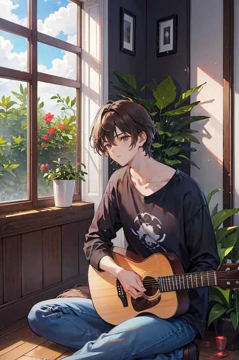 (One handsome man), 20-year-old, detailed explanation, Brown Hair, Wolf Hair, (Casual clothing), In front of a large window, (Sit facing the window), （play the guitar）, Backward view, Inside the room, Hardwood Floors, Bookshelf, Foliage plant, Big cloud ou...