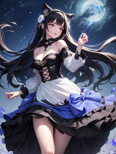 A delicate, graceful young woman with long, flowing, straight black hair and cat ears. She wears an intricately patterned blue mini-skirt dress with off-the-shoulder sleeves and a fitted bodice. The background is a dreamy night sky with petals floating in ...