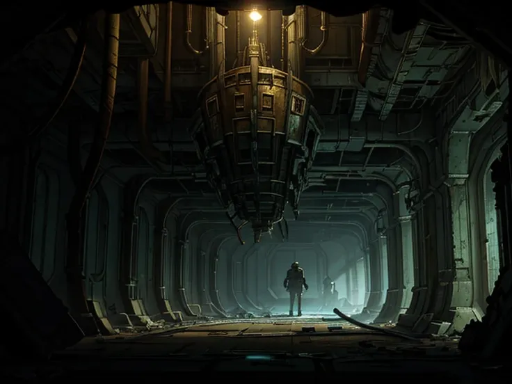 masterpiece, great detail, scifi abandoned spaceship, wrecked ship, low light, destroyed hallways, cables, cables, lights, darkn...