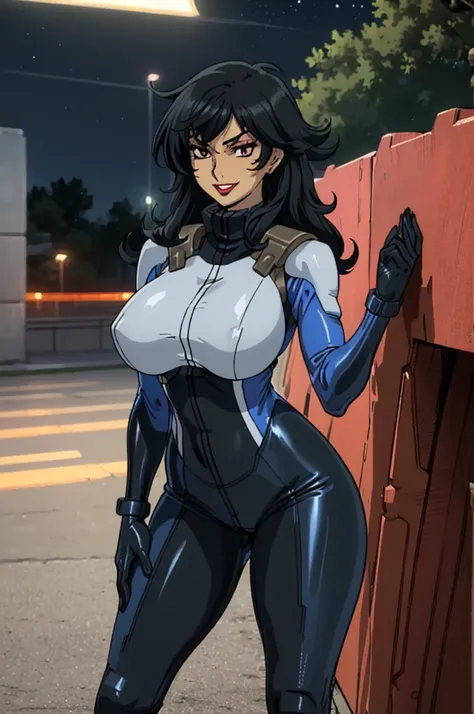 closed mouth, (16 years old), ((1girl)), ((((solo))), (((alone))), (((genderbend))), (((female))), wide hips, thick thighs, huge breast, narrow waist, ((porn movie)), ((sexy skin tight latex blue celestial being pilot suit)), ((anime artstyle)), long eyela...