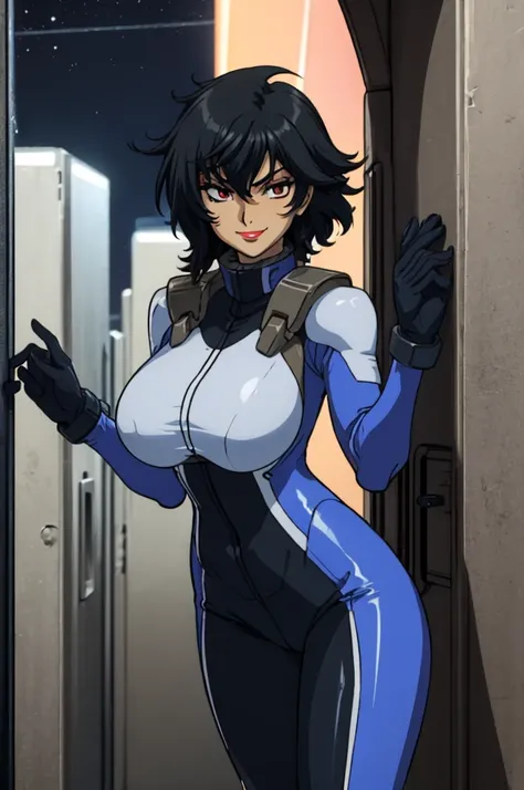 closed mouth, (16 years old), ((1girl)), ((((solo))), (((alone))), (((genderbend))), (((female))), wide hips, thick thighs, huge breast, narrow waist, ((porn movie poster)), ((sexy skin tight latex blue celestial being pilot suit)), ((anime artstyle)), lon...