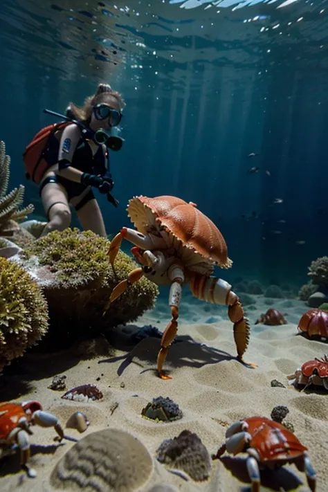 Hermit crab on sandy sea bottom. Barbie doll with scuba gear. Crab plays with the doll. Underwater 