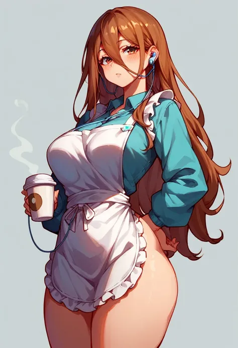 1 girl, standing alone, nakano miku, long brown hair, hair between the eyes, earbuds, (barebody:1.3), (white apron), breasts big...