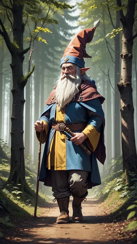 a man dressed as a gnome walking on the ground with a stick, wearing a yellow gnome robe, walking in the woods ,witch forest, male wizard, gnome druid, gnome wizard, tail wizard headdress, a mysterious spell-casting wizard, gnomon, drachenlord, spell-casti...