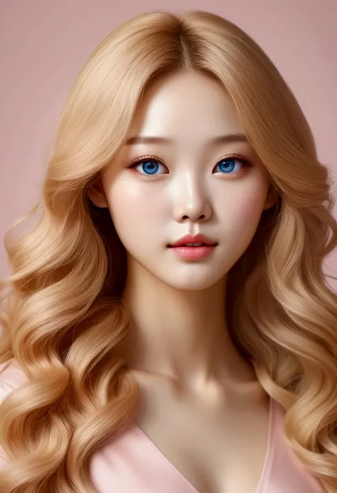 Adorable and innocent face, fair skin, (long and wavy blonde hair), blue eyes, slender Korean young woman, pink gold rose gold color theme, anatomically correct, realistic proportions, Realistic Photo