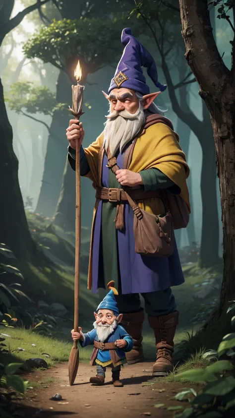 a man little  dressed as a gnome walking on the ground with a stick, wearing a yellow gnome robe, walking in the woods ,witch fo...