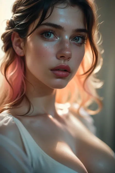 (((ultra realistic))) photoshot, work of art, Maximum quality, (Pale skin), (Rosto e olhos ultra detailds:1.3), 1 girl, on a t-shirt, (eye make up, mascara) , ((Detailed big lips)), ((pink wavy hair)), ((Chyolka)) , (natural breasts), Waist slender. ((posa...