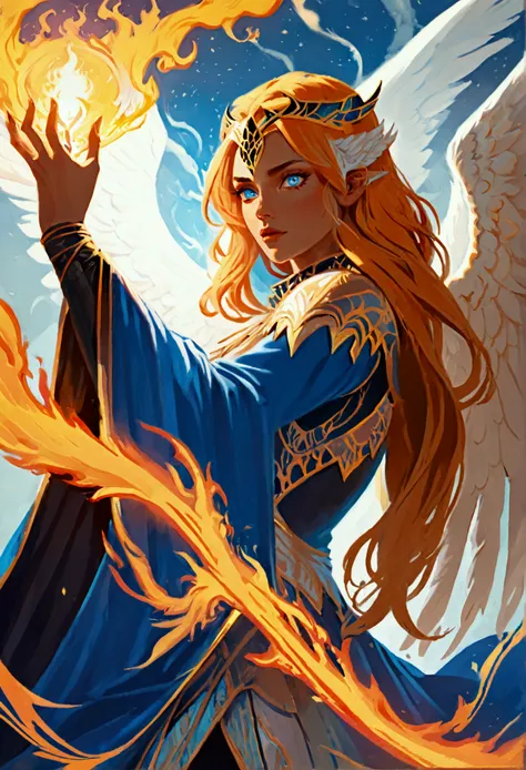 a picture  female aasimar sorceress casting a fire spell,  exremley beautiful female aasimar, orange hair, long hair, wavy hair, dynamic eyes color, angelic eyes, radiant magical eyes, ultra detailed face, spread angelic wings, white angelic wings, wearing...