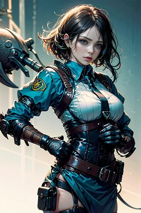 Masterpiece in high resolution 4K, inspired by the style "((Resident Evil)), "StarCraft II", ARK: Survival Evolved" with modern touches. | A charming woman, wearing an elegant blue dress and a blue tie, reveals her upper torso in a half-body portrait. She ...