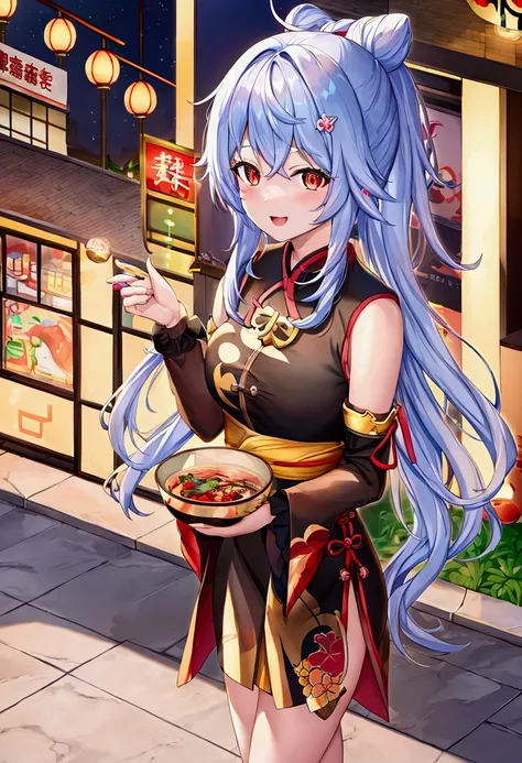 anime girl eating a bowl of food on a busy street, keqing from genshin impact, kawacy, zhongli from genshin impact, inspired by Pu Hua, digital anime illustration, anime visual of a cute girl, detailed digital anime art, bian lian, inspired by Lan Ying, ar...