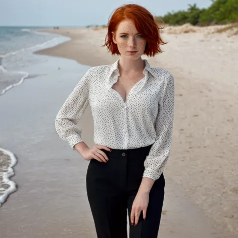 Girl , Red-Haired , freckles , shy short hair , very large breasts , wears a blouse, Blouse buttoned up to the top, visible buttons on the blouse, adult ,Sleeve style suit, whole body, fullbody, black trousers, black high heels, in the beach, other pose 