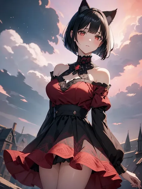 Delicate and pretty young woman with shiny bob-cut black hair and cat ears. She is wearing an intricately patterned red mini-skirt dress with off-the-shoulder sleeves and a fitted red bodice. The background is a fantastic and ethereal night sky that looks ...