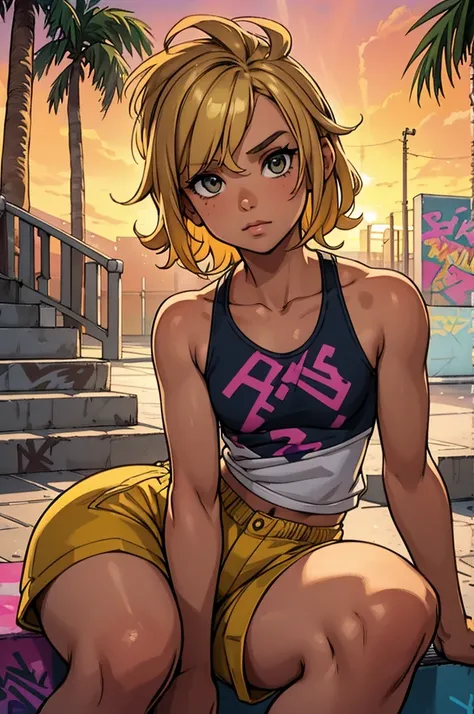 10-year-old girl with short wavy blonde hair, hazel eyes, flat chest, wearing a white tank top with a colorful print, hazel Bermuda shorts, posing sitting on a staircase with graffiti, upper body, concrete staircase background with graffiti in a skate park...