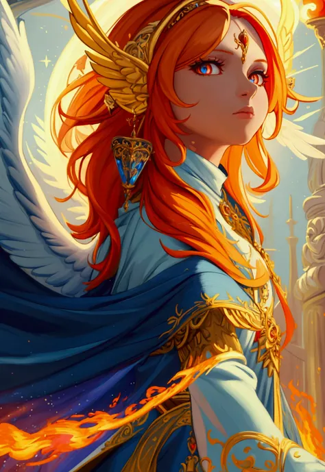 a picture  female aasimar sorceress casting a fire spell,  exremley beautiful female aasimar, orange hair, long hair, wavy hair, dynamic eyes color, angelic eyes, radiant magical eyes, ultra detailed face, spread angelic wings, white angelic wings, wearing...