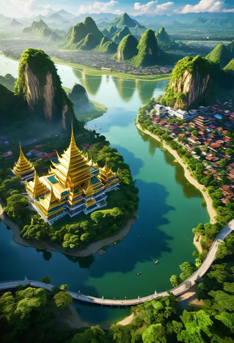 City Overview: Aerial view of the city of Arunanamphorn situated in a grand valley. The city features a golden palace with tall, ornate spires made entirely of gold. The palace stands out with its reflective surfaces and intricate design.Surrounding Landsc...