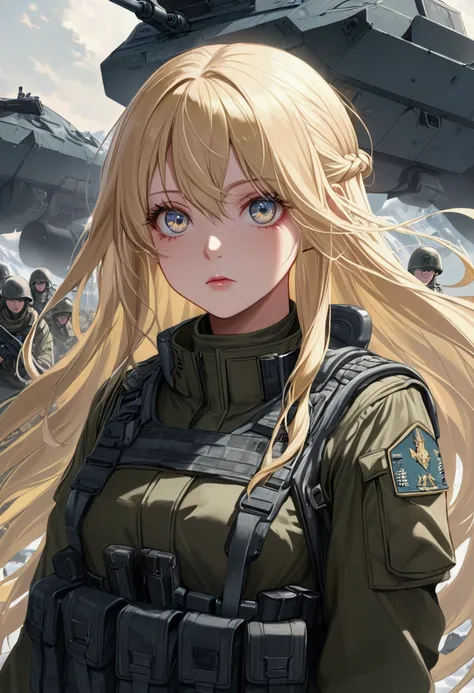 1girl, high res, long blonde hair, cold eyes, detailed eyes, army outfit, solider,