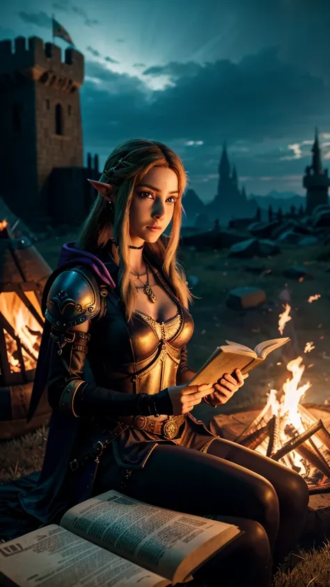 cyberpunk princess zelda reading a book beside a campfire, hyrule castle in the background cinematic lighting, steampunk style, 8k, super detailed