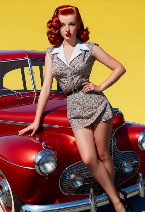  20 year old standing next to a 1940s sedan, Well good, witheout panties, Medium chest, shining skin, dramatic lighting, pin-up style, sexly, suprised, , colorfully , Master Pieces, illustrated, shining skin, face detailed, Medium chest. tight body. Red ha...