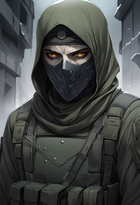 1male, baclava mask, scars around body, scary, intimdating. high res, cold eyes, detailed eyes, army outfit, solider,