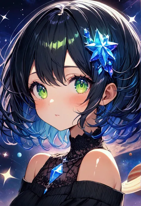 crystal, gem,sparkle, star (symbol) Sky, its night, the night is full of stars, there are planets in the sky, bright colors, Incredible details, Shiny hair, spectacular hair, Cute, small, short hair, galaxy hair, green eyes, tanned, black sweater,