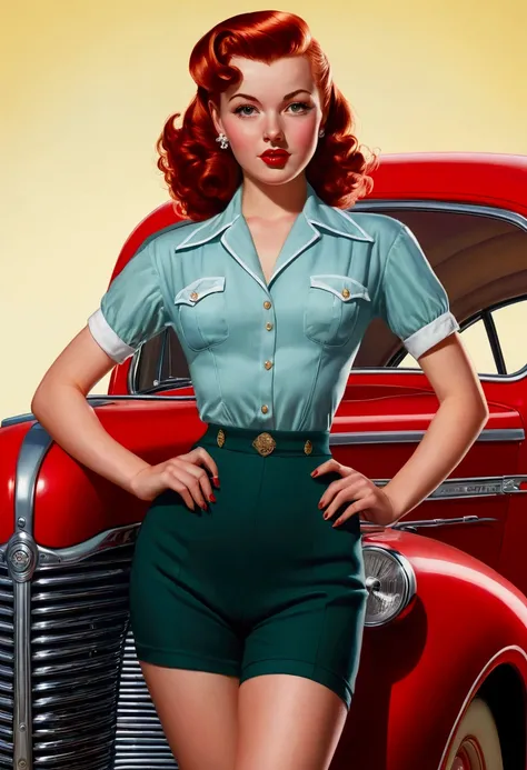  20 year old standing next to a 1940s sedan, Well good, witheout panties, Medium chest, shining skin, dramatic lighting, pin-up style, sexly, suprised, , colorfully , Master Pieces, illustrated, shining skin, face detailed, Medium chest. tight body. Red ha...