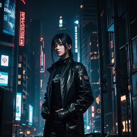 (Best Quality) cyberpunk person in futuristic city with dark color palette