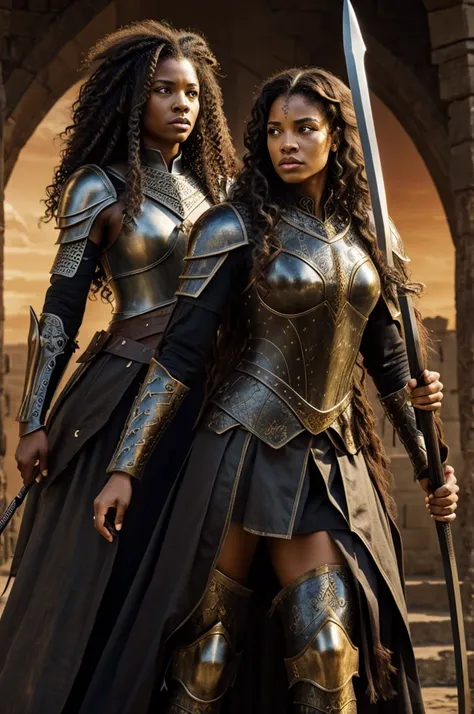 Lion of Judah and dark woman,  warrior with armor, long curly hair, with bow and arrows