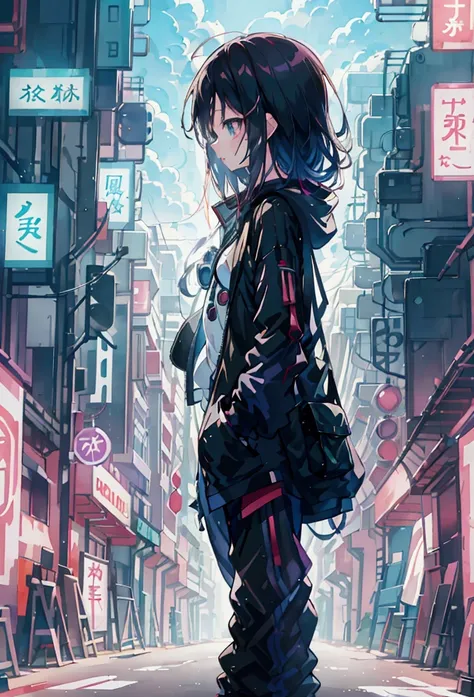 Colorful profile picture of a female character in an anime style. It has distinct characteristics from the anime Oshi no Ko. The scene takes place in a futuristic city with neon lights. The environment is exciting and adventurous. The camera settings are a...