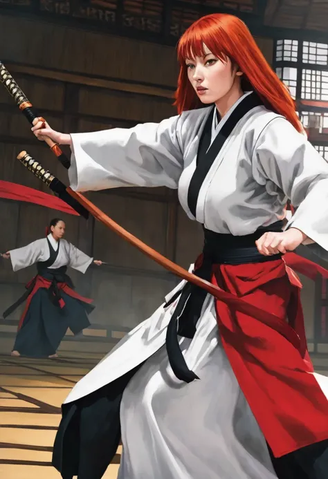 Red headed young nun teach8ng kenjitsu with habit slashed, exposing a breast as she duels. 